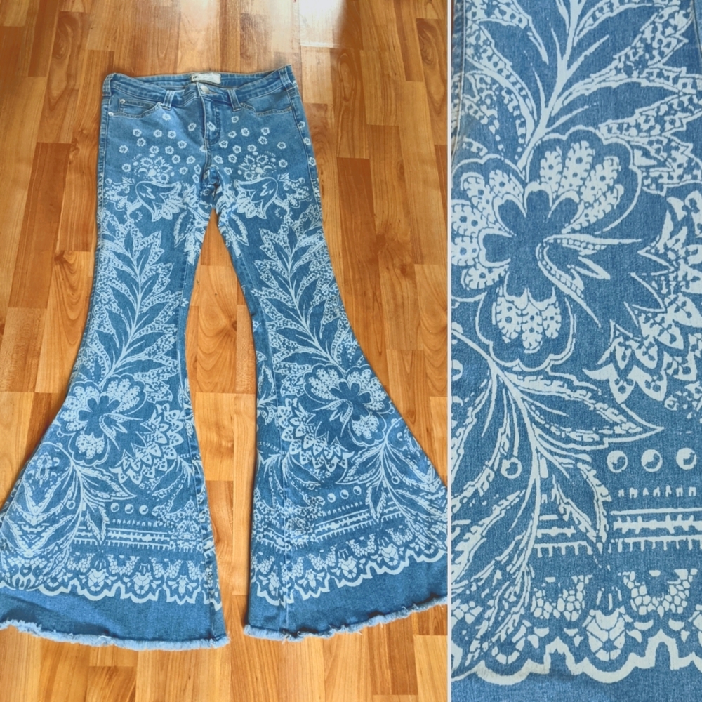 Free People Stretch Denim Printed Flare Jeans